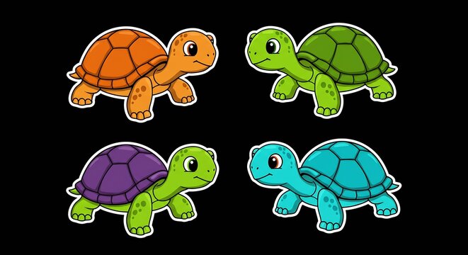 Cartoon Turtles with Different Shell Colors Crawling on Black Background
