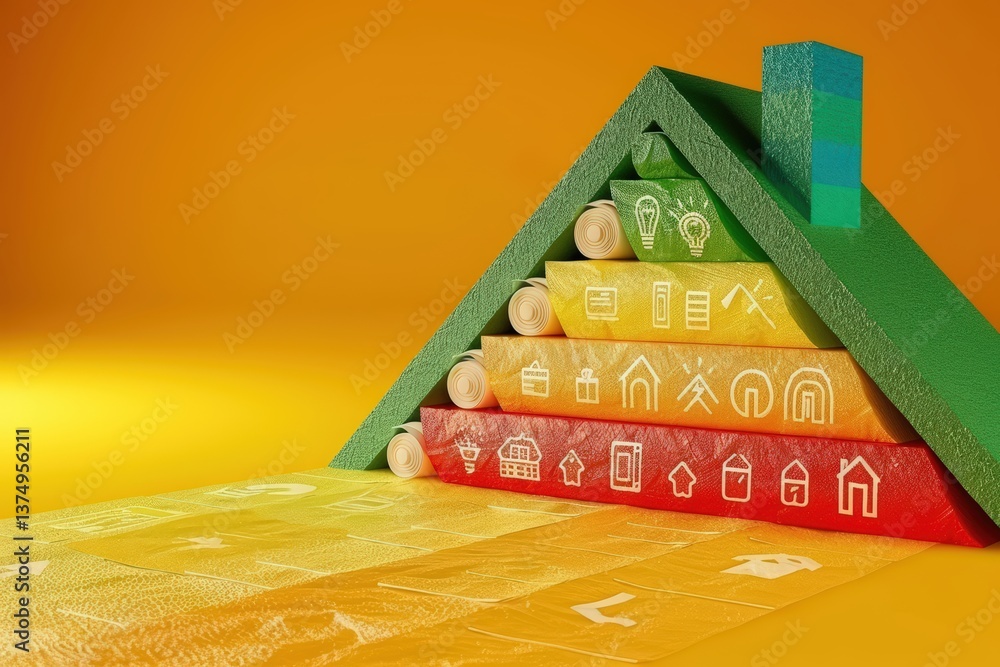 Poster a colorful, abstract representation of a house made from layered blocks, featuring various icons tha