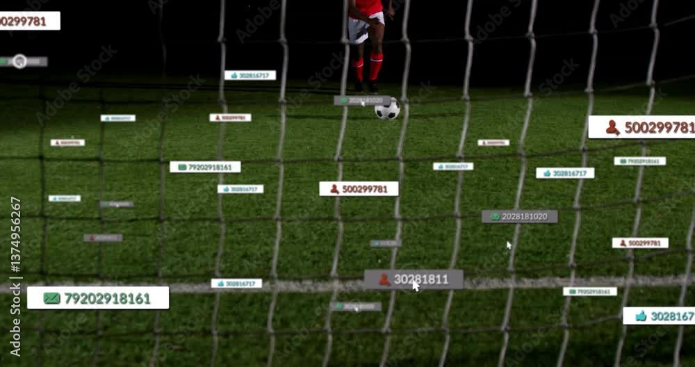 Aufkleber preparing to kick ball, soccer player with animation data tags on field
