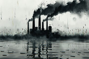 A dark silhouette of smokestacks releasing pollution above a reflective water surface, surrounded by tall grass, conveying themes of industrial impact and environmental degradation.