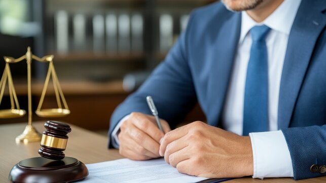 Professional Lawyer at Desk with Gavel, Scales and Documents