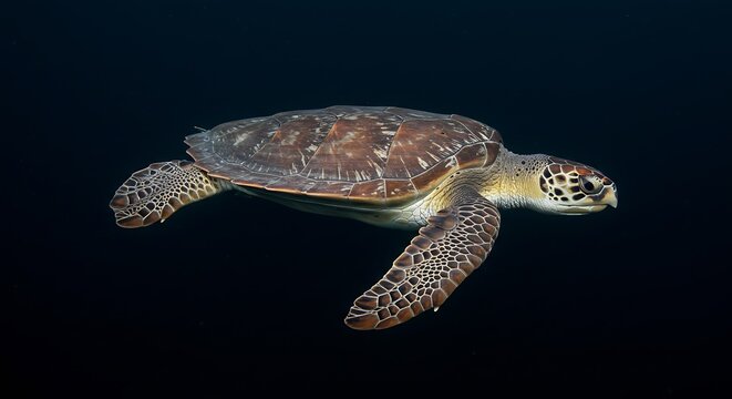 Swimming Sea Turtle Gracefully Gliding in Dark Ocean Water Environment