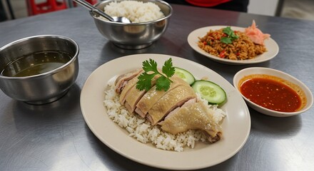Hainanese Chicken Rice with Fried Rice and Chili Sauce Meal