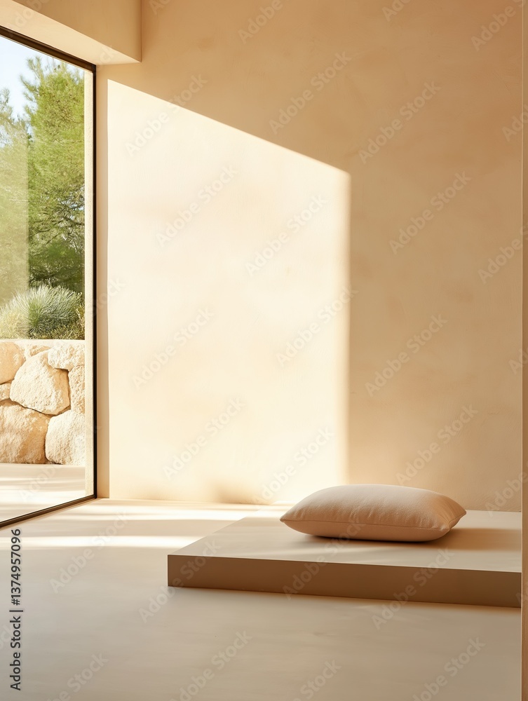 Fototapete empty room with a large window on the left side. the window has a view of a garden with trees and ro