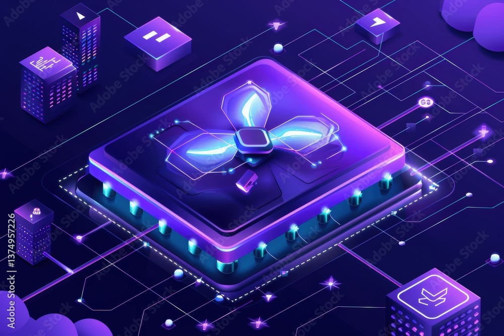Poster a futuristic digital illustration featuring a central microchip surrounded by circuit lines and glow