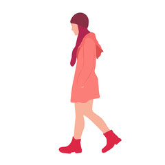 Woman Walking in a Coral-Colored Coat