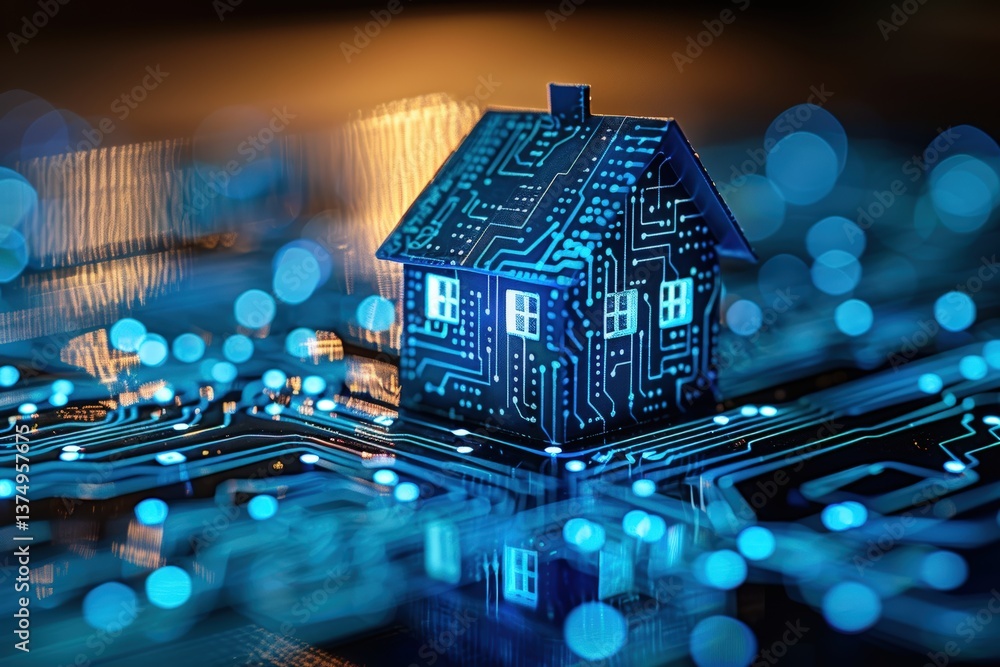 Poster a miniature house with a circuit board design sits on a glowing electronic surface, symbolizing the 