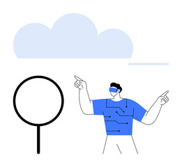 Man in VR headset gesturing toward cloud and magnifying glass, representing technology, innovation, data analysis, VR experiences, cloud computing, digital exploration, flat simple metaphor