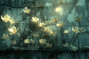 Wall of Forgotten Dreams dreamlike scene where overgrown wall blooms glowing flowers representing unfulfilled dreams and forgotten ambitions Each petal carries faint whispers of desires left behind