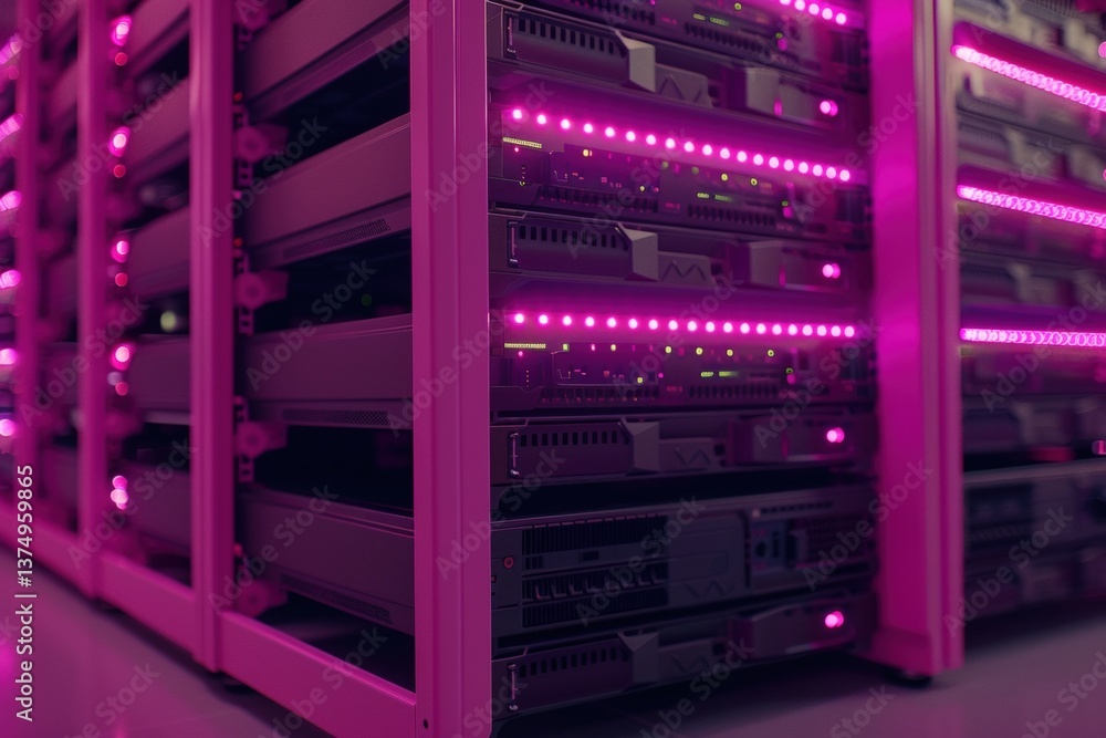 Poster a high-tech data center featuring rows of servers illuminated by vibrant pink led lights.