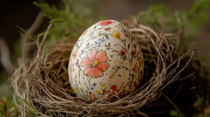Obraz premium Painted Easter Egg in a Nest: An exquisitely decorated Easter egg with floral patterns rests nestled in a natural woven nest, evoking springtime, renewal, and the artistry of the season.