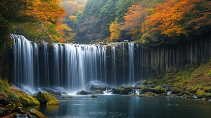 Waterfall's Majestic Embrace: A breathtaking cascading waterfall plunges gracefully into a serene pool below, enveloped by vibrant autumnal foliage, creating a picturesque scene of natural splendor.