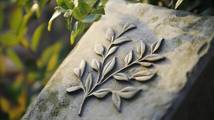 Etched leaf design on weathered stone garden monument