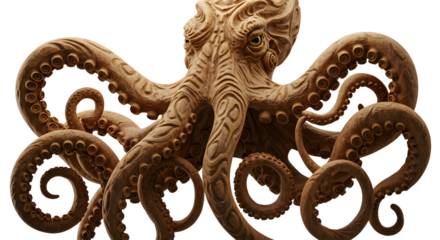 Detailed Wood Carving of an Octopus with Intricate Tentacle Design