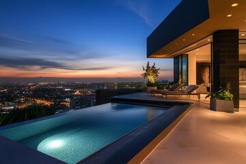 Fototapeta premium Luxury real estate home with infinity pool overlooking city skyline at dusk for sale property investment