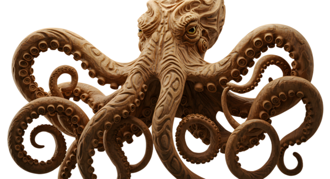 Detailed Wood Carving of an Octopus with Intricate Tentacle Design