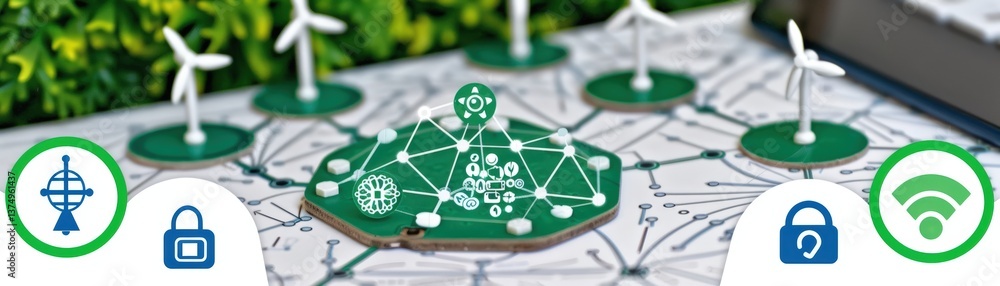 Poster a conceptual representation of renewable energy, featuring wind turbines and a networked design illu