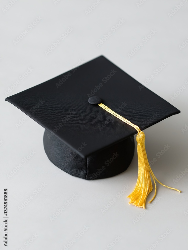 Poster close-up of a black graduation cap with a yellow tassel hanging from the top. the cap is square in s