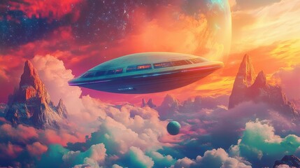 Cosmic Encounter: A mesmerizing illustration depicts a futuristic UFO gracefully navigating a celestial panorama, set against a backdrop of vibrant, dreamlike colors and otherworldly landscapes. 