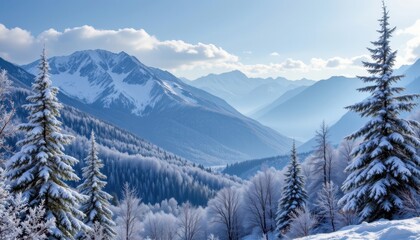 Snowy landscapes with snow capped mountains, falling snowflakes, and frosty trees create a serene and wintery ambiance for seasonal wallpaper decor.