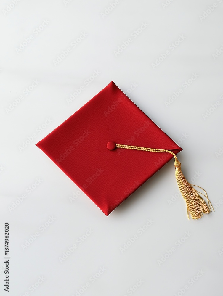 Poster photograph of a red graduation cap with a gold tassel hanging from it. the cap is square in shape an