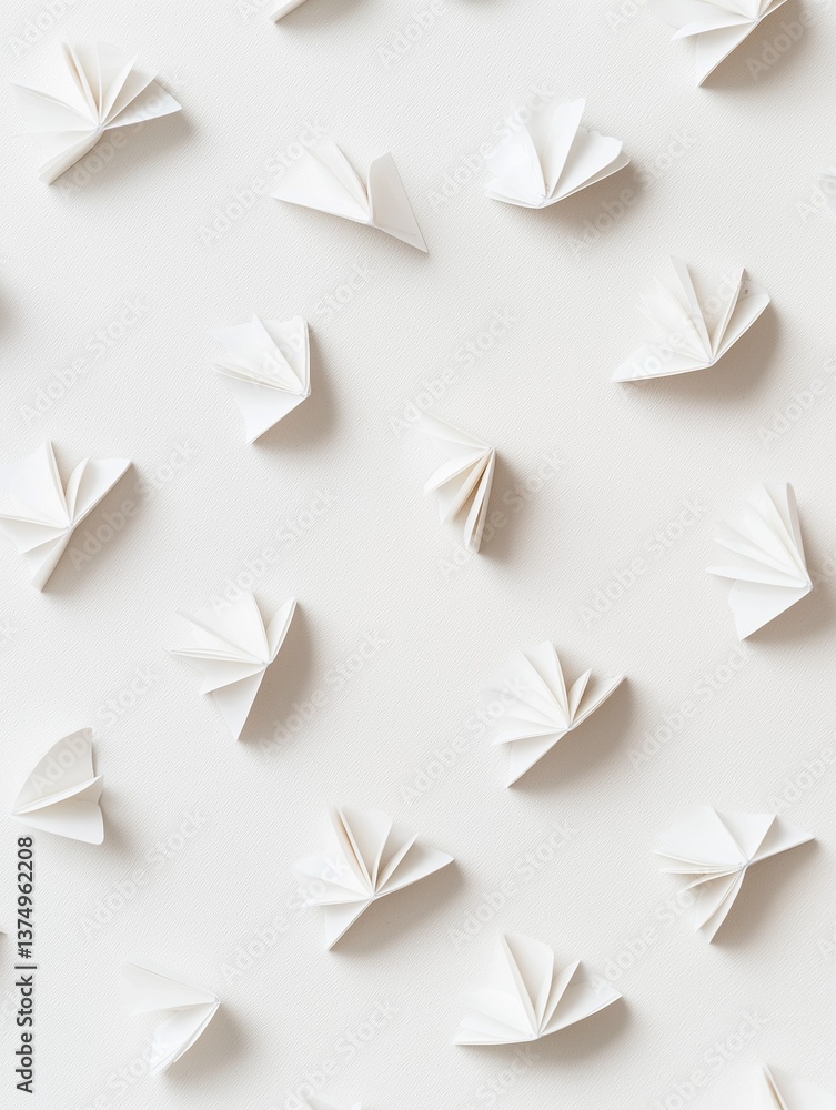 Fototapete flat lay of multiple white paper airplanes scattered randomly on a light beige background. the paper