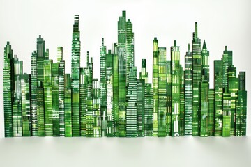 Obraz premium A modern skyline art piece featuring green buildings with various heights and designs, symbolizing urban growth and sustainability.
