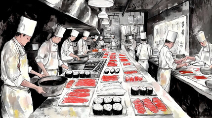 bustling kitchen with chefs preparing sushi