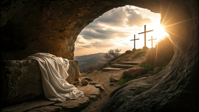 Crucifixion and Resurrection. Empty tomb of Jesus with crosses in the background. Easter or Resurrection concept. He is Risen. Happy Easter. 