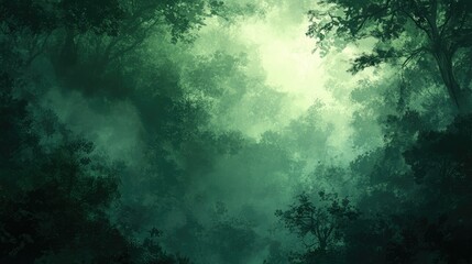 Fototapeta premium Dark moody forest illustration with varying shades of green and heavy fog, creating an atmospheric background