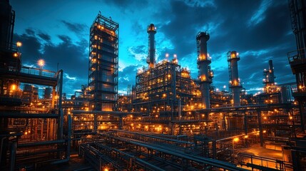 Obraz premium Illuminated oil refinery complex at twilight