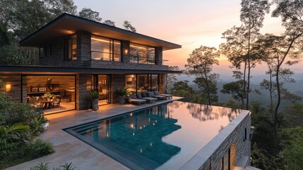 Modern cliffside home with infinity pool at sunset