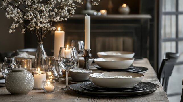 Elegance in Ambiance: A meticulously arranged dining table setting with candles and floral decorations, creating a warm and inviting atmosphere for a special gathering.