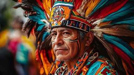 un hombre indigena maya o azteca con su penacho tradicional colorido y cultural para ceremonias tradicionales