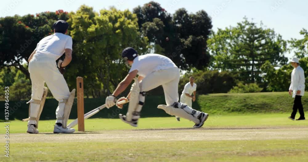 Poster batting on field, cricketer with grid lines overlaying scene in animation
