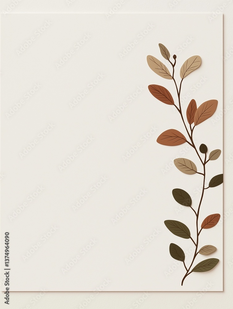 Poster blank white card with a branch design on the right side. the branch is made up of multiple leaves in