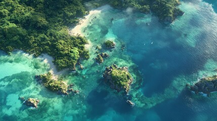Fototapeta premium an aerial view of a tropical coastline, showcasing crystal clear turquoise waters, lush greenery, and rocky formations.