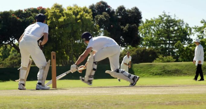 Batting on field, cricketer with grid lines overlaying scene in animation