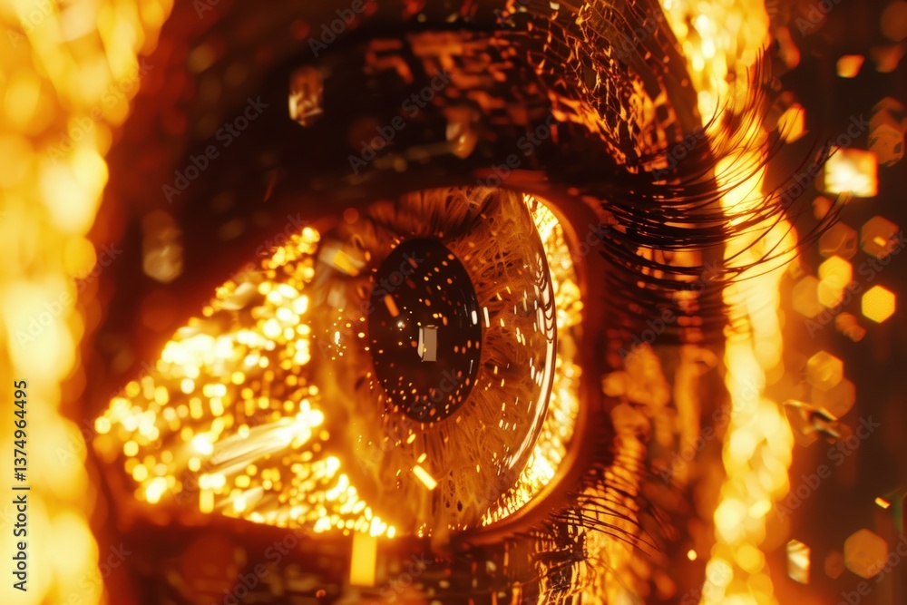 Poster a close-up of an eye illuminated with golden hues and shimmering details, creating a captivating and