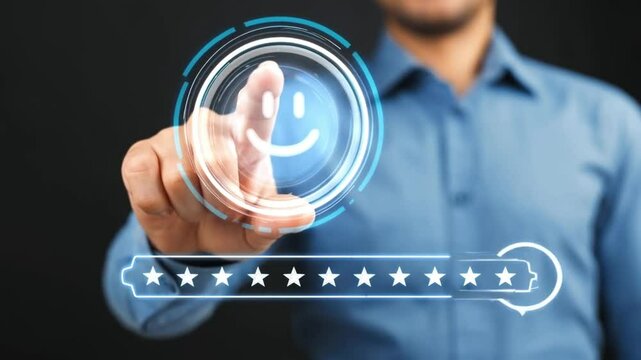customer satisfaction survey concept businessman using hologram touch happy smiley icon 5 star service