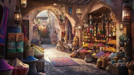 Obraz premium Vibrant Market Street: A colorful and lively marketplace showcases a variety of goods under arched doorways and intricate lanterns, capturing the essence of a bustling bazaar.