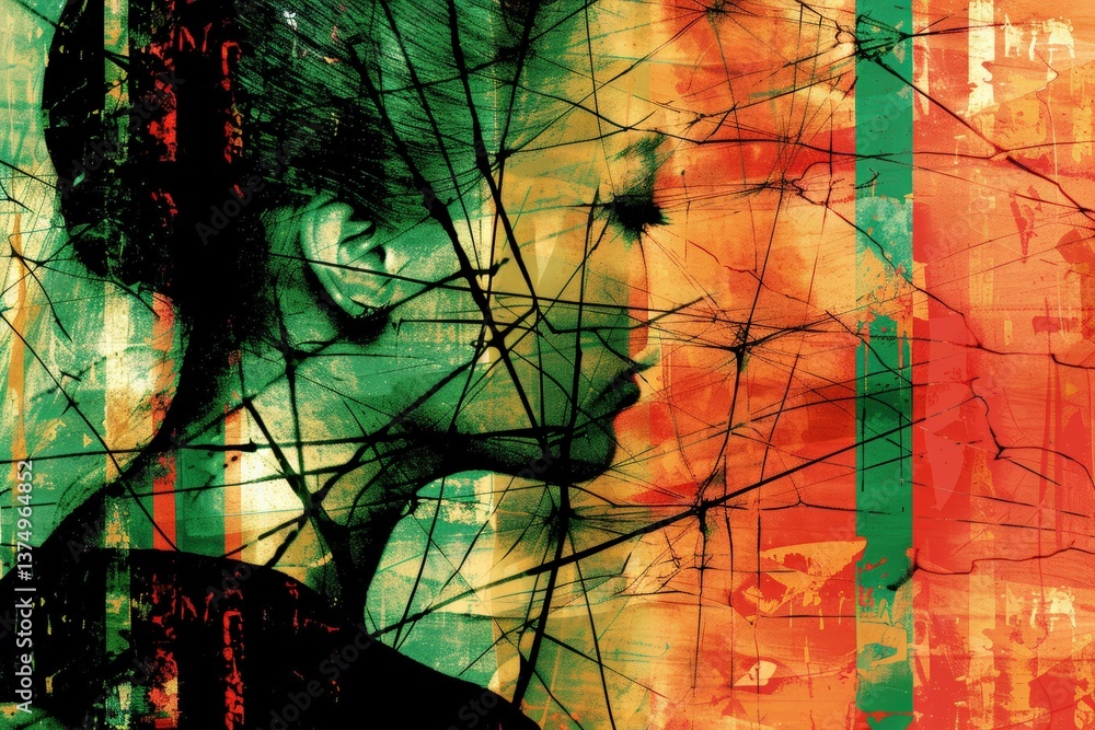 Poster an abstract portrait featuring vibrant colors, layered textures, and intricate lines, creating a cap
