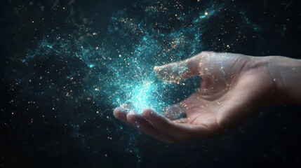 Fototapeta premium a hand cupping a swirling cloud of particles.