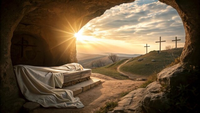 Crucifixion and Resurrection. Empty tomb of Jesus with crosses in the background. Easter or Resurrection concept. He is Risen. Happy Easter. 