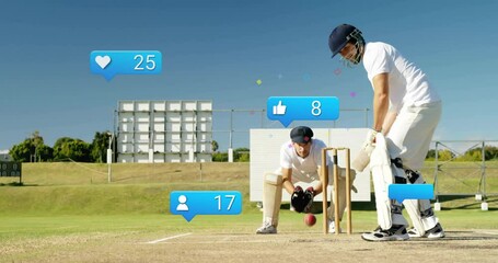 Cricket players on field with social media notifications overlay animation - Powered by Adobe