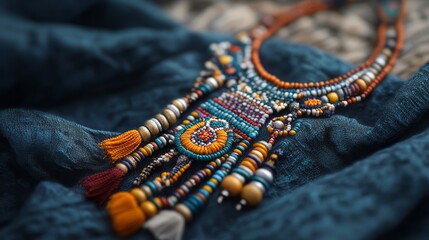 an ornamented necklace displayed on a blue textile.