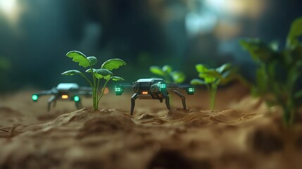 ESG, sustainability and innovation: A group of AI-powered drones planting trees in a barren desert, transforming it into a lush forest, glowing digital growth indicators, eco-futuristic style.