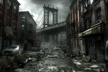 Fototapeta premium An urban scene depicting a desolate street with debris, abandoned cars, and a bridge in the background, creating a post-apocalyptic atmosphere.