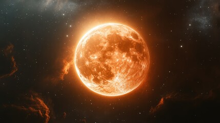 Obraz premium Full moon with an orange hue centered in a dark starry background, creating a mystical atmosphere