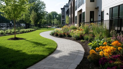 Obraz premium A winding pathway and vibrant flowerbeds beside a building.